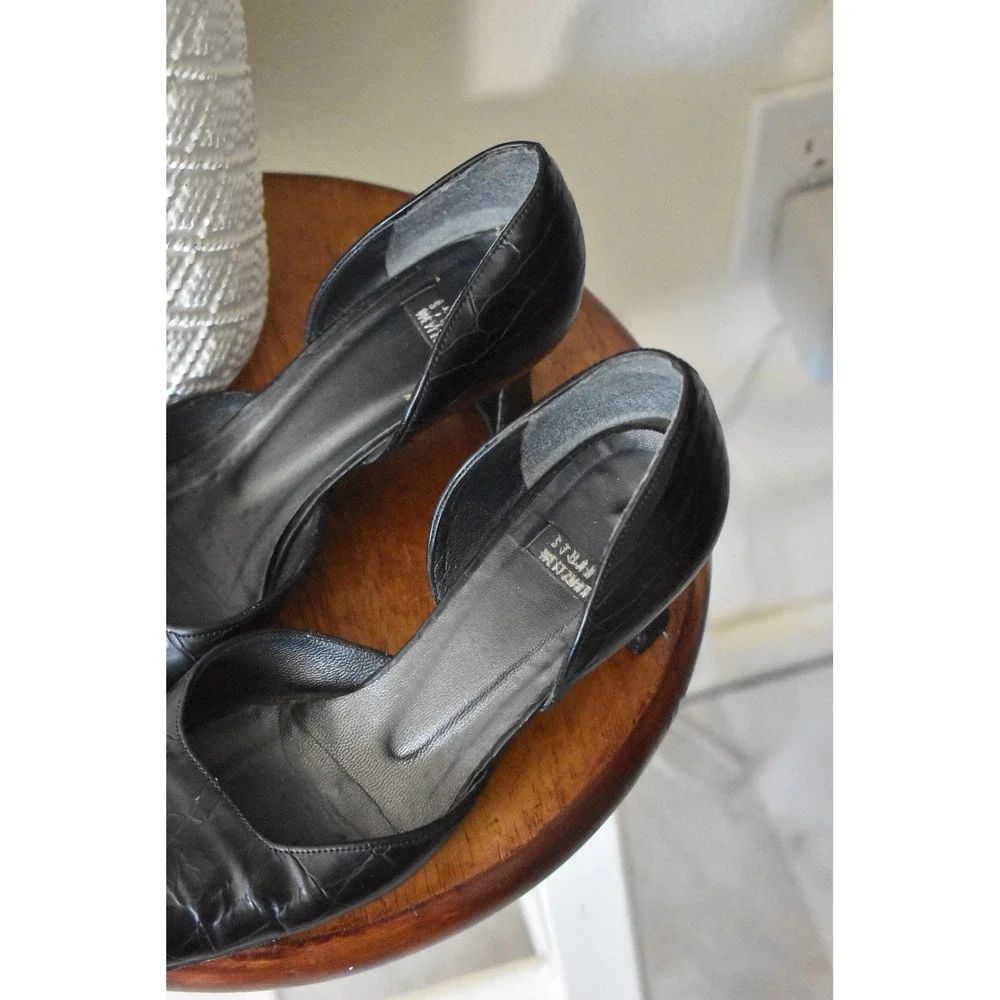 Stuart Weitzman Pumps Womens 6.5 Black Vintage Croc Embossed D'Orsay Square Toe